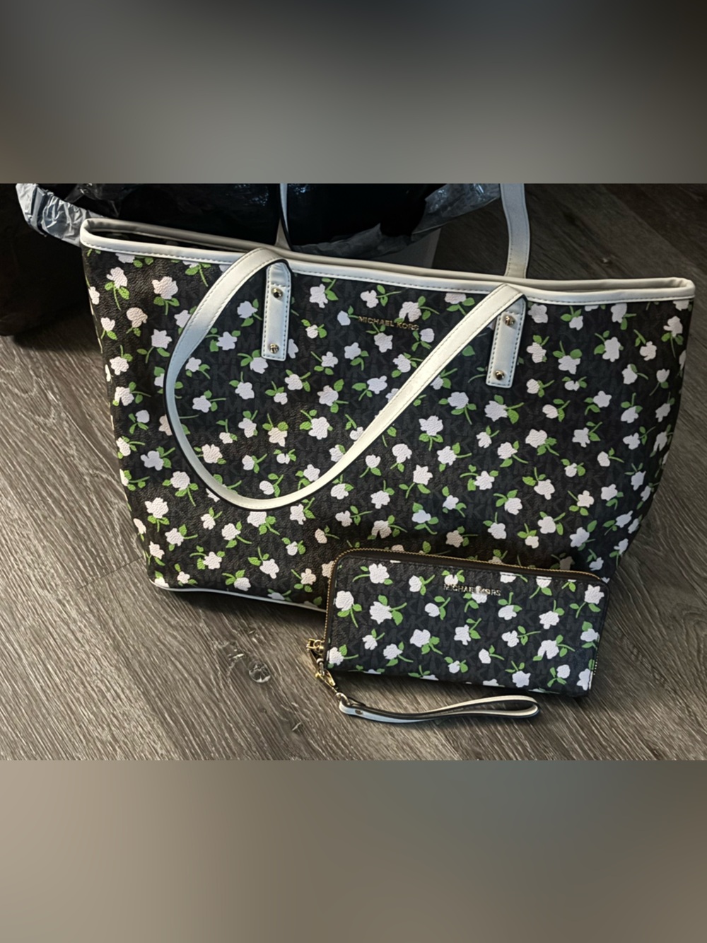 MICHAEL Michael Kors Black Floral Tote with White & Green Accents